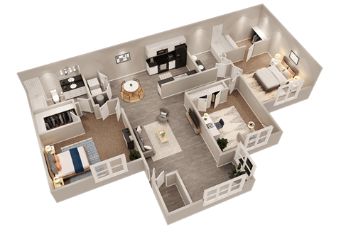 Floor plan for 3 beds, 2 baths, 1304 sqft